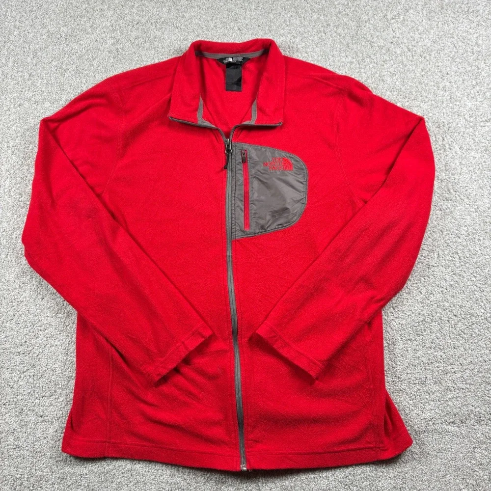 The North Face Fleece Jacket Mens L Red Full Zip Chest Pocket Mock Neck